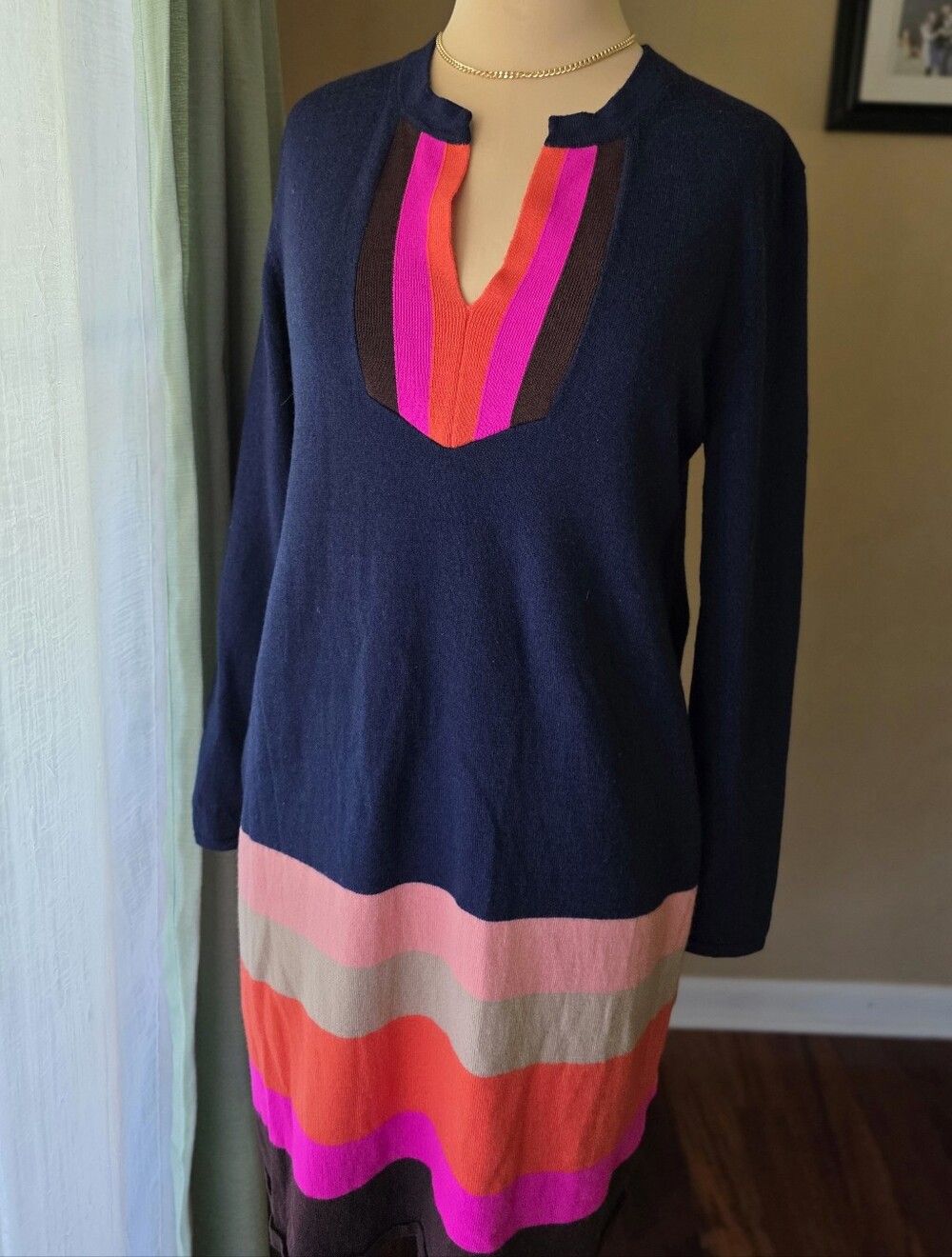 Trina Turk Merino Wool Camp Colorblock Knit Long Sleeve Sweater Dress‎ Small S